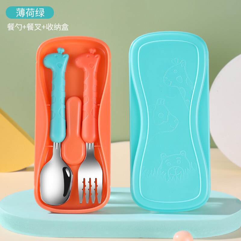 Baby servise sett barn redskap giraff spedbarn mat mat skje gaffel rustfritt stål småbarn servise bestikk gadgets: Grønt sett