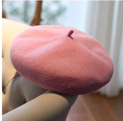 Wol Baret Hoeden Vrouwen Winter Franse Hoed Meisjes Effen Kleur Mode Herfst Winter Baret Hoed Voor Vrouwen Platte Pet Hoed vilt Baretten: Roze