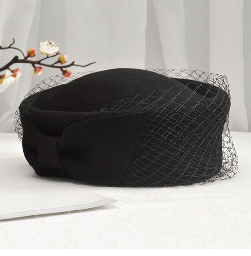 FS British Vintage Bowknot Black Veil Fascinator Hat Women Wool Felt Pillbox Hats Bridal Wedding Party Fedora Church Beret: Black