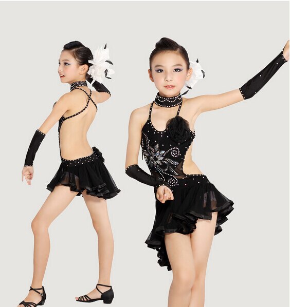 Stage Performance Zwart Geel Set Mode Rumba Latin Cha-cha Dans Jurk Tango Samba 110-160 cm Professionele meisje Kind Kostuum