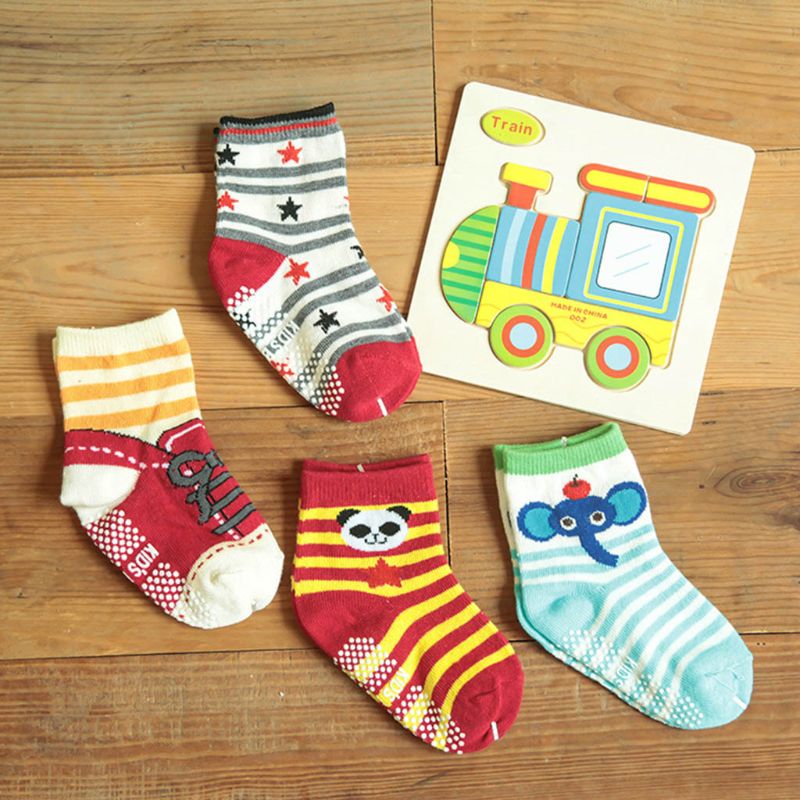 12 Pairs/ Pack Kids Socks Assorted Non-Skid Ankle Cotton Pattern Socks with Grip