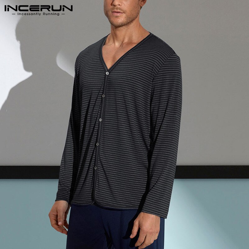 Black/Navy Men's Long Sleeve Shirt Button Down V-Neck Striped Casual Blouse Tops