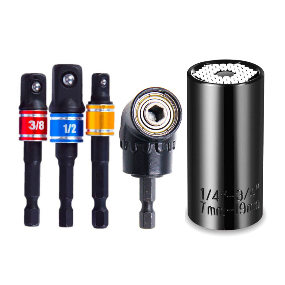 Binoax Universal Socket Wrench Tool Set and 3Pcs Impact Grade Driver Socket Adapter Extension 105 Degree Right Angle Screwdriver: black