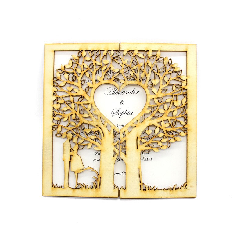 10 styks rustik bryllupsinvitation, træinvitation, papirinvitation, udskåret træ, livets træ, graveret hjerte, monogram: Intet hjerte