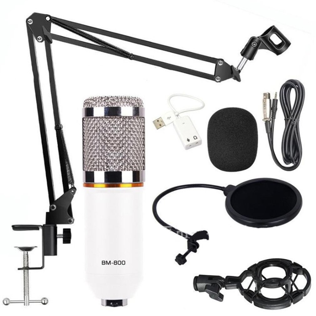BM-800 Condenser Microphone Studio Recording Kits bm800 Karaoke Microphone for Computer bm-800 Mic Stand Phantom Power: white