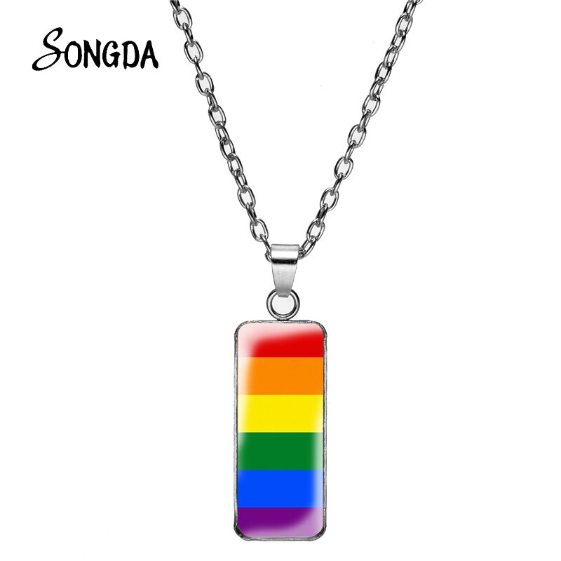 Lgbt Gay Pride Flags Necklace they Theirs Pronouns Rainbow Pride Flag Necklaces Pendant Art Print Rectangular Jewelry лгбт