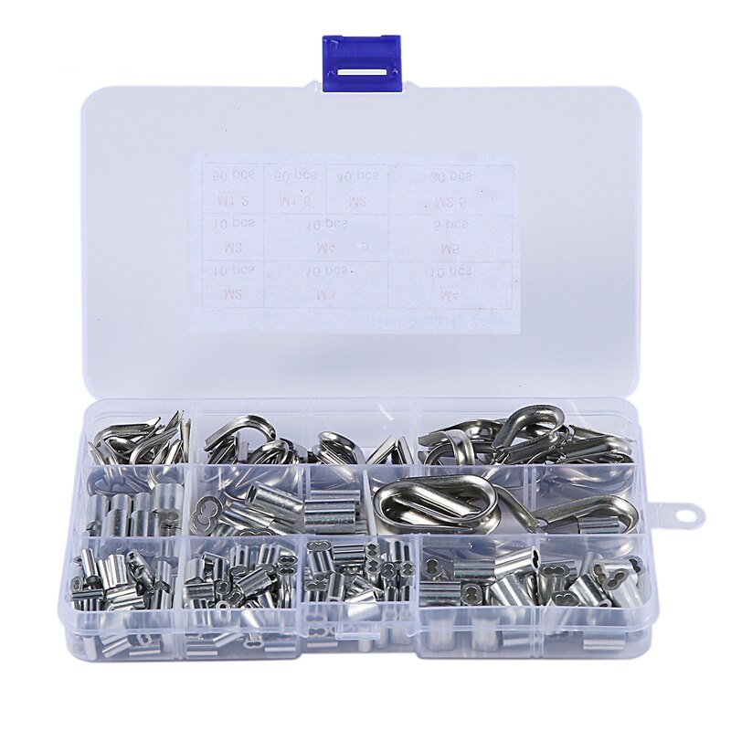 HHO-225Pcs M2 / 3/4 / 5 Stainless Steel Thimble and 6-Size Aluminum Crimping Loop Sleeve Assortment Kit for 1/16 inch - 3/16 inc