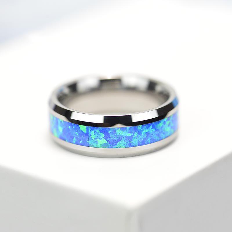 I & FDLK Luxury Blue Fire Opal Stainless Steel Rings Never Fade Engagement Ring Men's Wedding Jewelry