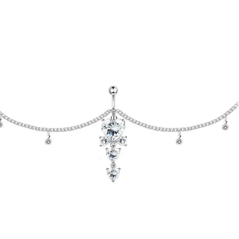 Sexy Dangle Rhinestone Piercing Navel Chain Belly Button Ring with Waist Chain Women Navel Piercing Body Jewelry: Imitation Rhodium Plated