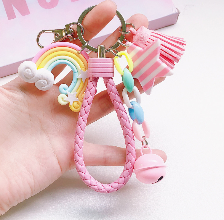 Porte-clés arc-en-ciel mignon, bracelet en cuir, corde tressée, pompon, pour femmes et filles, cloche étoile, sucette, accessoires de sac,: T2/60