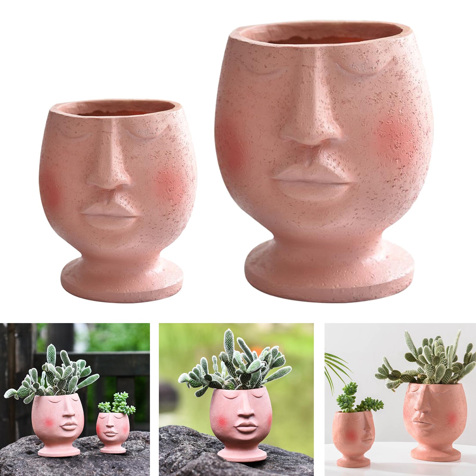 Pink Round Face Head Plant Pot Resin Succulent Planter Vase Handmade Kids