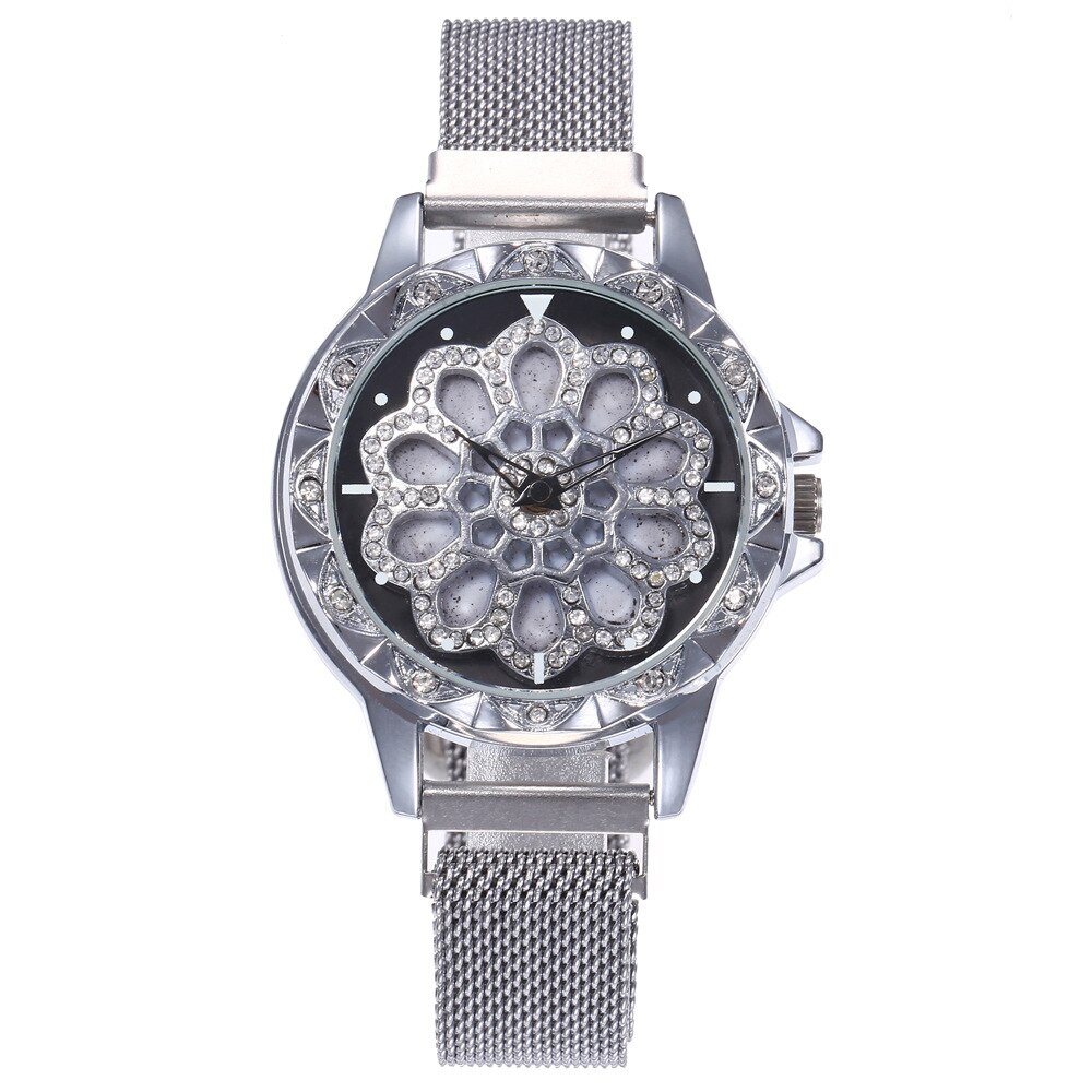 Horloge dames merk luxe 360 graden roterende diamant wijzerplaat horloges mesh magneet dameshorloge quartz klok relogio femino: Zilver