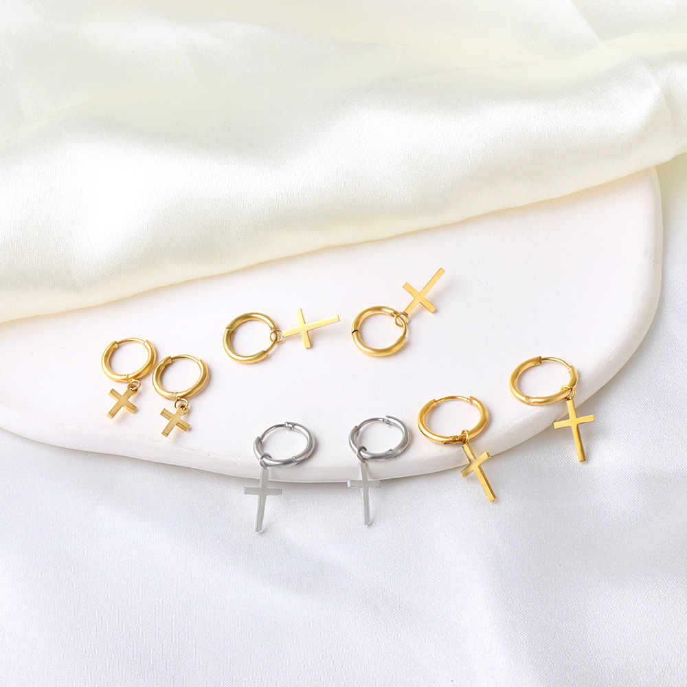 Pendientes de aro colgantes con dije geométrico Simple de lujo para mujer y hombre, Huggies de acero inoxidable con corazón, estrella, Luna, Cruz