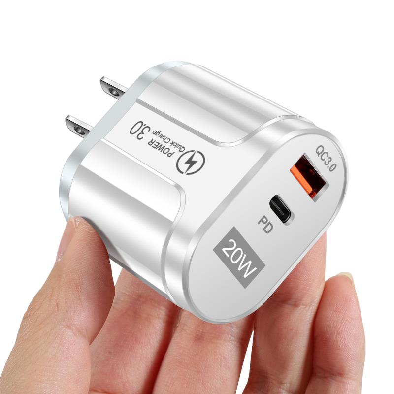 Fast Charging 20W PD Charger QC3.0 for iPhone Android Mobile Phone USB Charger USB-A+Type-c Dual Ports Phone Charger PD Charger: White US