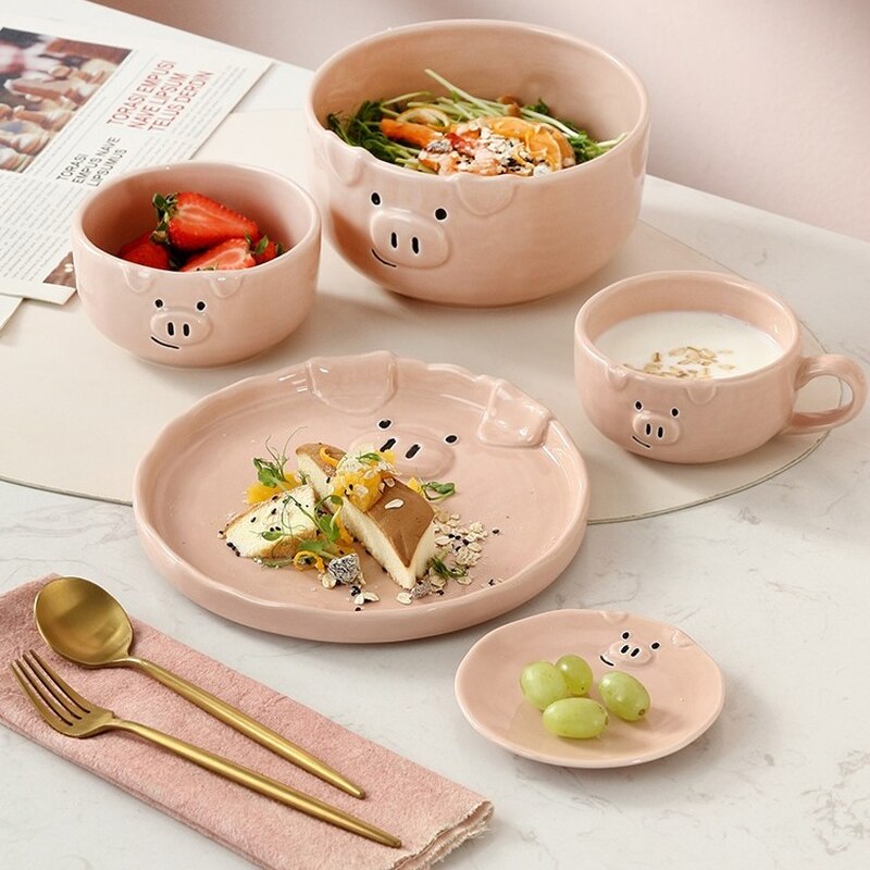 Cute Cartoon Plate Set Ceramic Tableware Household Personality Girl Breakfast Plate Bowl for One Person Eat