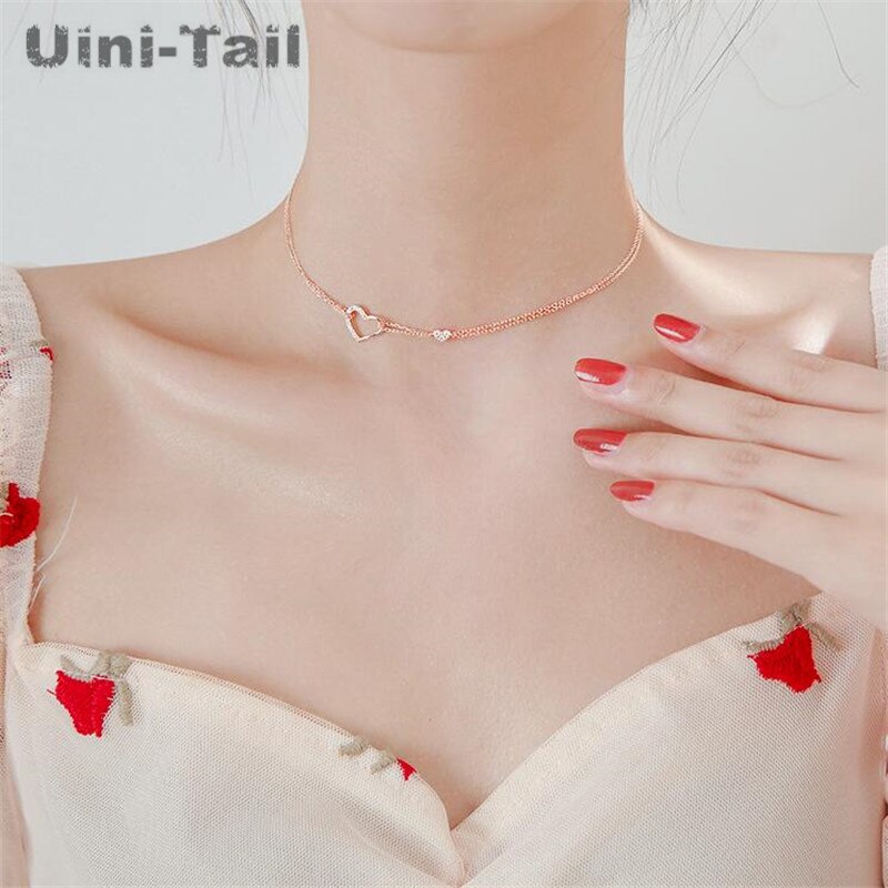 Uini-coda di vendita calda nuovo 925 sterlina d'argento doppio cuore-a forma di micro intarsiato collana di disegno della cavità romantico dolce fata dei monili