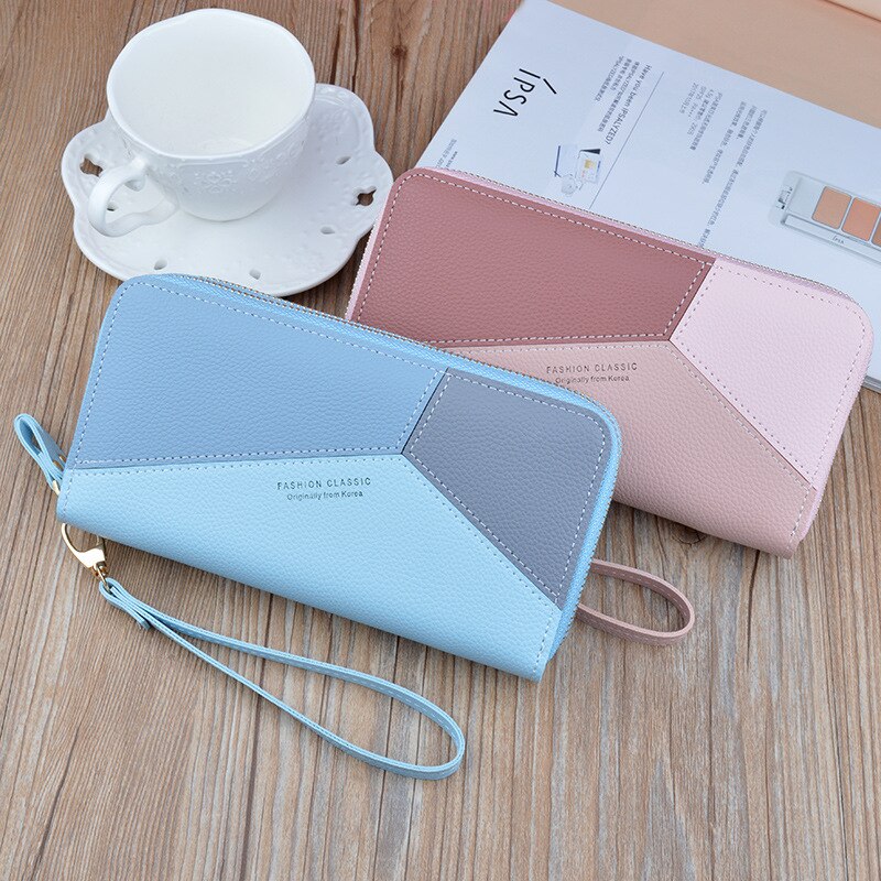 Women Zipper PU Leather Wallet Large Capacity Casual Simple Patchwork Waterproof Lady Wrist Band Handbag Card Phone Bag