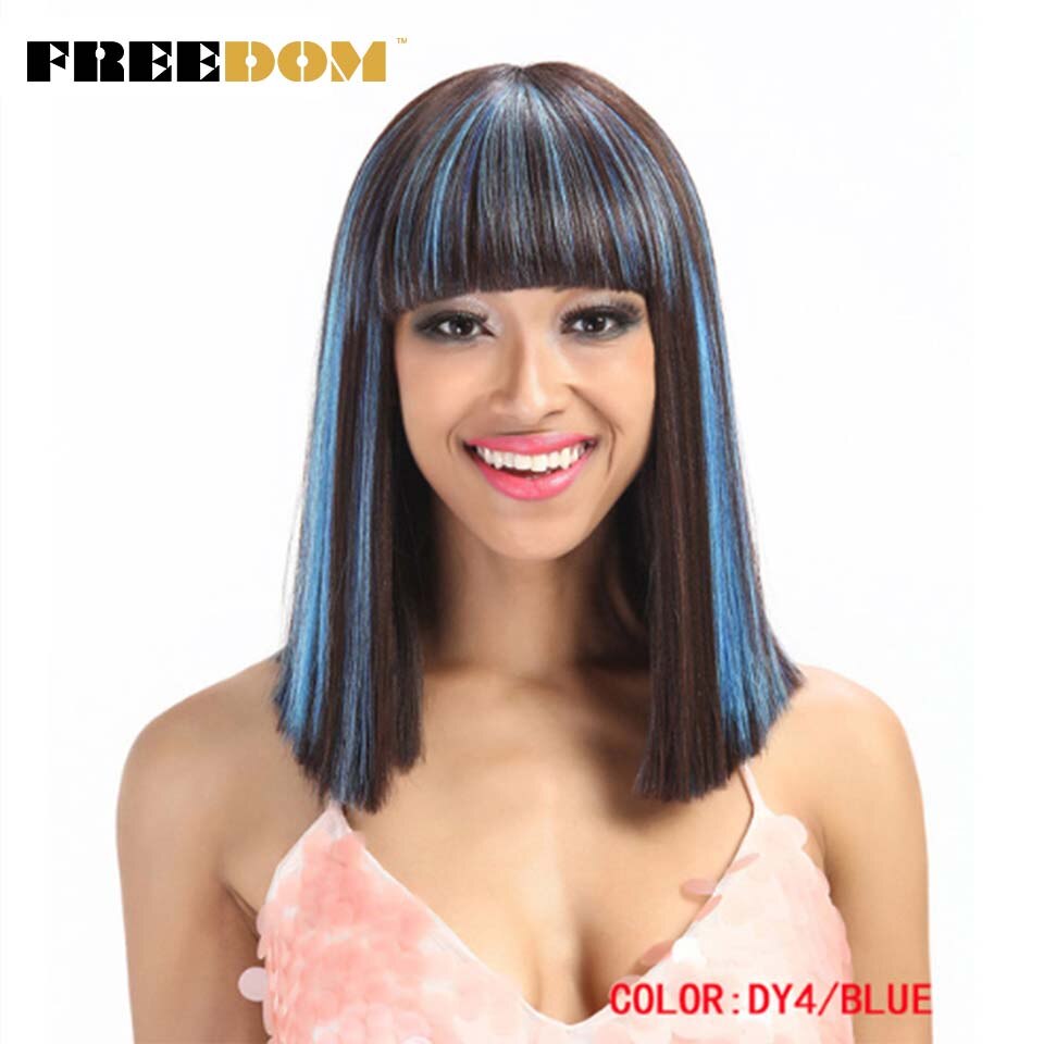 Vrijheid Womens Synthetische Bob Pruiken 12 Inch Blonde Pruik Korte Rechte Haar Pruik Hittebestendige 613 Rood Blauw Kleur Cosplay pruik: DY4-BLUE