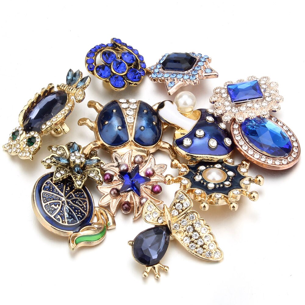 10 pz/lotto all'ingrosso Snap gioielli MIX metallo scatta strass fiore 18mm bottoni a pressione misura in pelle Snap braccialetto del braccialetto: gold (Blue-2)