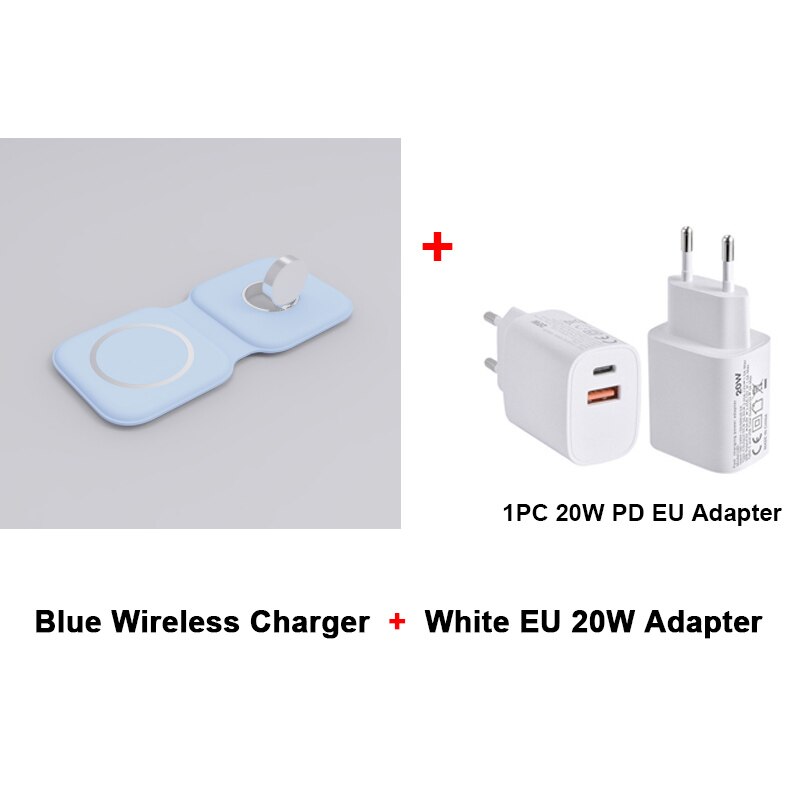 2-in-1 Wireless Charging Station for iPhone & Apple Watch - Magsafe Compatible: Blue with White EU Adapter