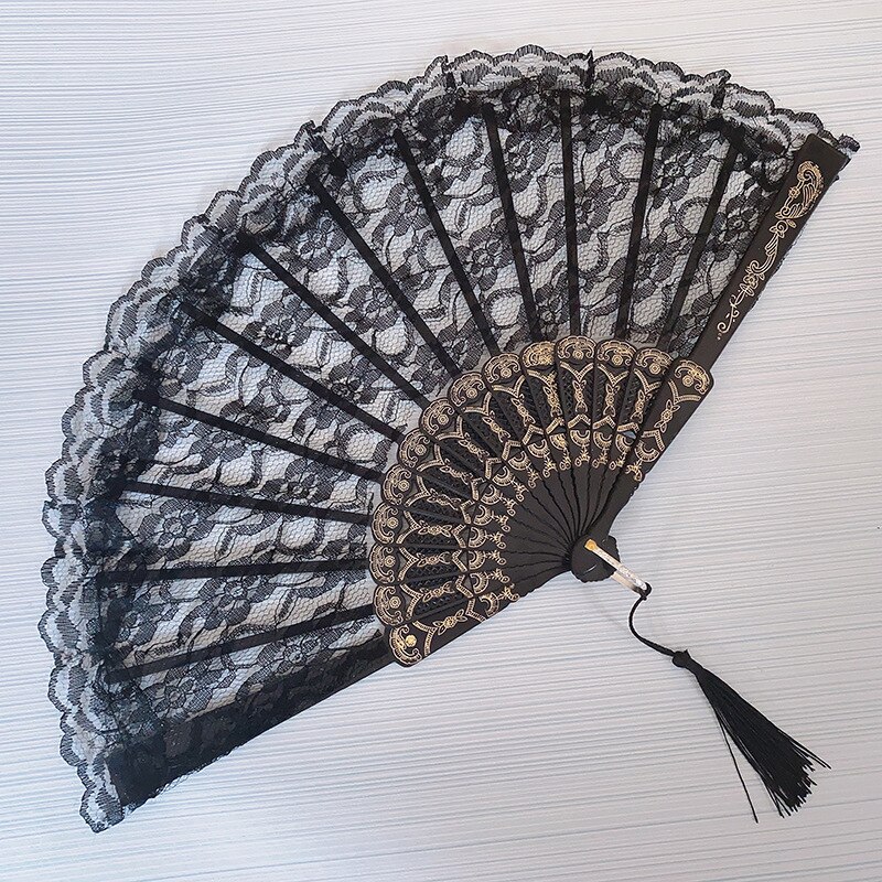 Éventail à main pliable en dentelle pour femmes, décoration de danse, de style victorien espagnol, en tissu noir et blanc, pour fête de mariage,