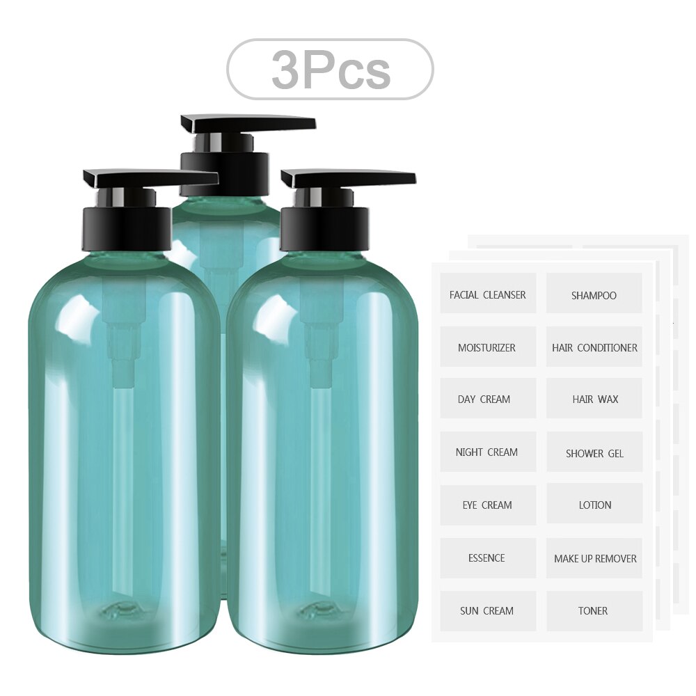 300/500ML Plastic Lotion Bottle PET Large Capacity Shampoo Bottle Soap Bottle Bathroom Refillable Bottle with Sticker: 3 Pcs Blue / 300ml
