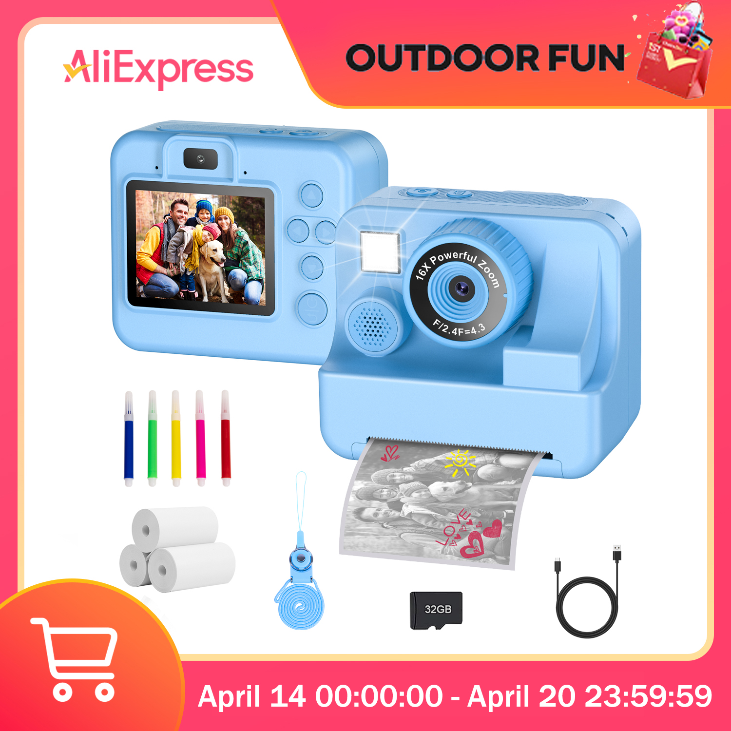 Bee Kids Camera Instant Camera 1080P HD Dual Lens Selfie Digitale Camera Print voor Meisjes Jongens Kerst Verjaardagscadeautjes Speelgoed