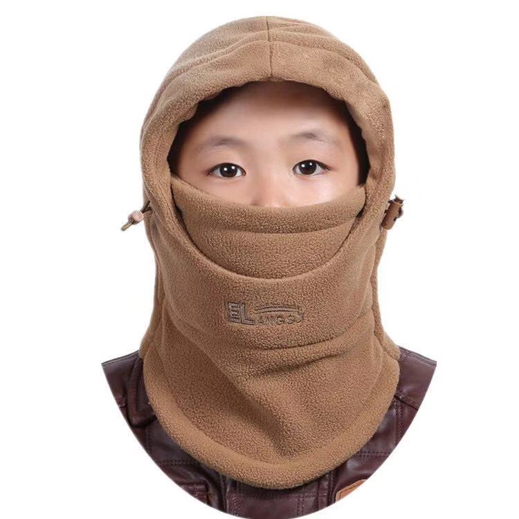 Hat winter children's bib hood double-thick thick cold warm hat children gril and boy go to school windproof cap: Khaki