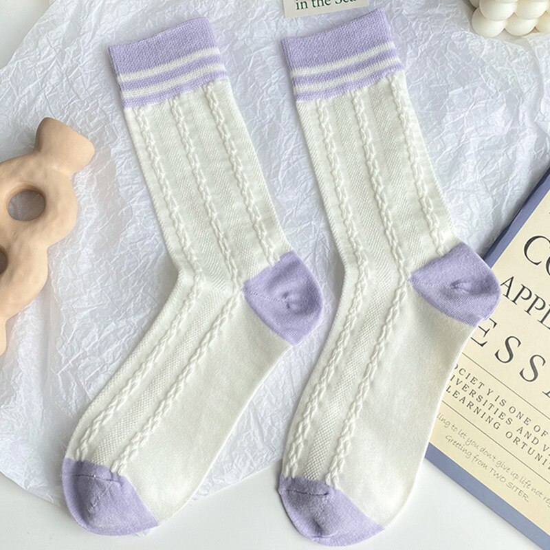 Stil bomullsstrumpor #39 bomull harajuku dam vintage lila rutiga strumpor ränder galler tubstrumpa sox