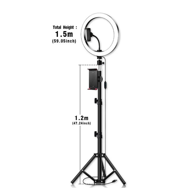 26cm/10 pouces LED lumière annulaire 3 couleurs 10 niveaux réglable 3200-5600K température de couleur avec trépieds téléphone et supports de tablette pour L