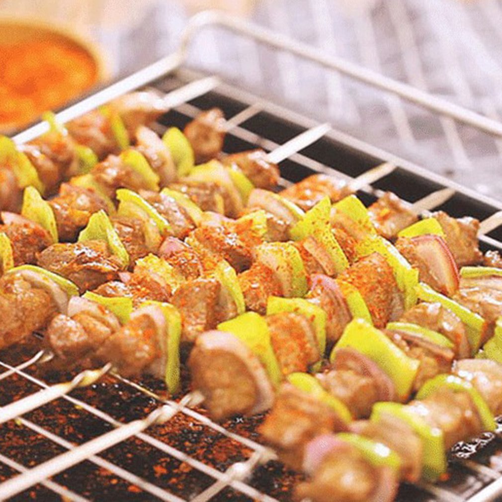 55Cm Bbq Spiesjes Lange Handvat Shish Kebab Barbecue Grill Stok Hout Bbq Vork Rvs Buiten Grill Naald 6 stuks