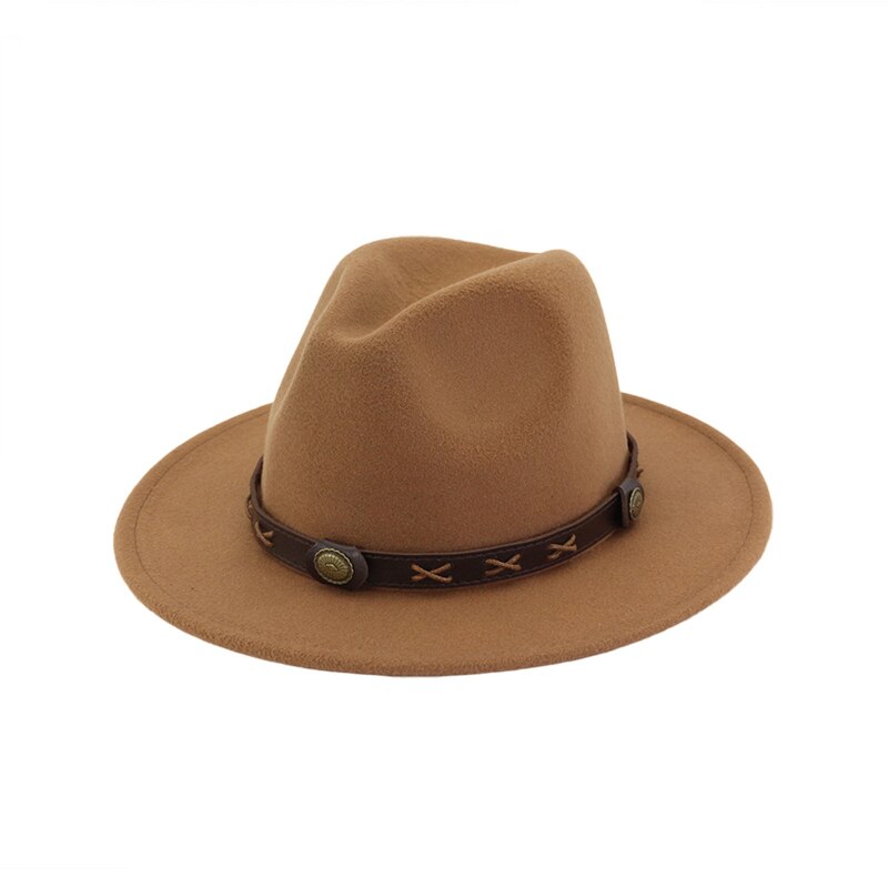 QBHAT uomo donna cappelli Fedora Jazz in feltro di lana tinta unita con cinturino in pelle marrone cappello da Cowboy a tesa larga cappello verde Trilby Panama per la festa: Light Coffee