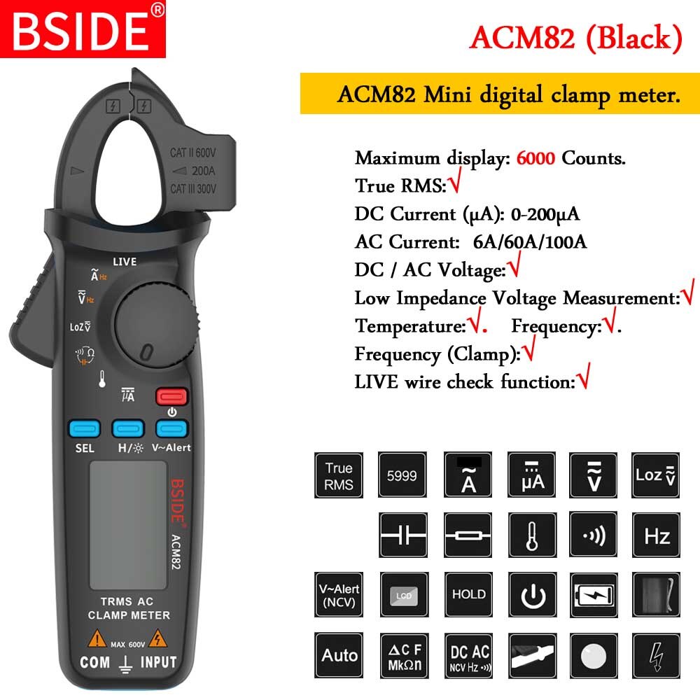 Mini digitaaliset puristinmittarit bside acm-sarjan todellinen dc ac virta jännite lämpötila kapasitanssi hz ncv testeri ampeerimittari yleismittari: Acm 82- musta