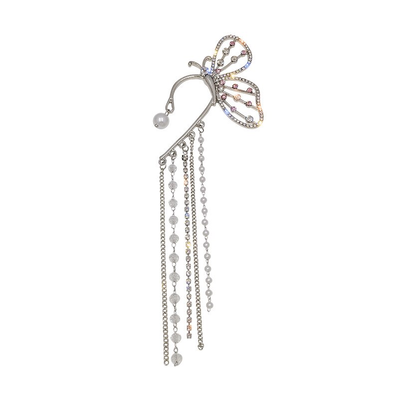 Japanse Koreaanse Mode Oor Clip Vrouwen Earring Ongebruikelijke Zoete Vlinder Parel Crystal Kwasten Chain Dangle Oorbellen