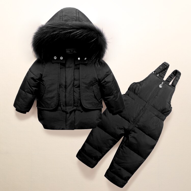 Vinter baby drenge tøj sæt 1-3y drenge skidragt sæt børn sport jumpsuit varme frakker pels andedun jakker+smækbukser: Sort / 12m