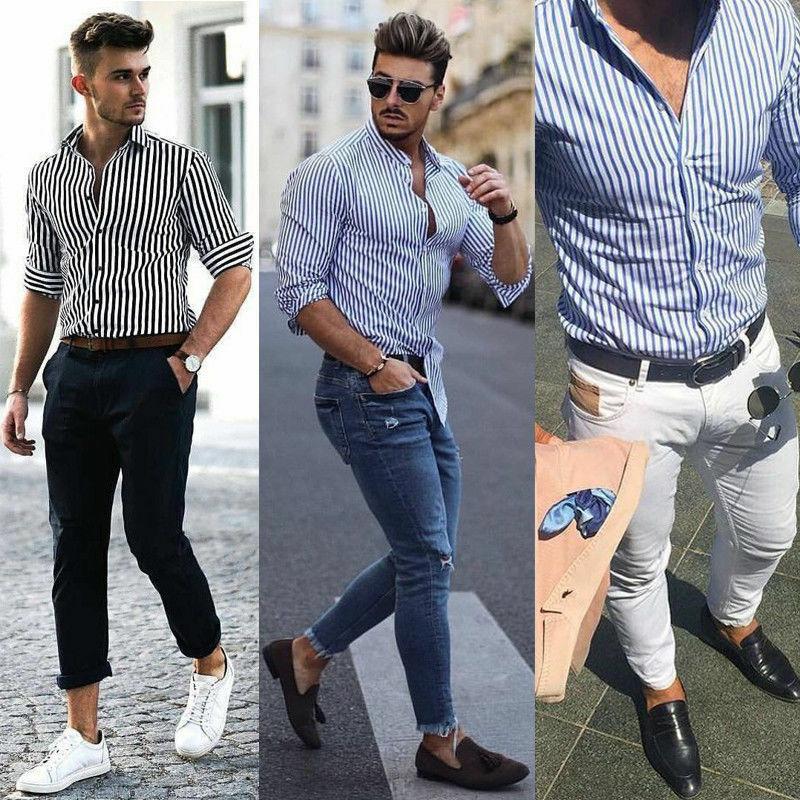 Miesten luksus tyylikäs slim fit business rento paita uusin sprintti syksy yksinkertainen raita pitkähihaiset paidat topit