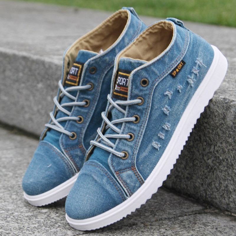 Mode Denim Man Canvas Schoenen Mannen Schoenen Casual Hoge Top Sneakers Zomer Ademend Gymschoenen Mannelijke Schoenen Heren Flats Tyh78: Sky Blue / 44