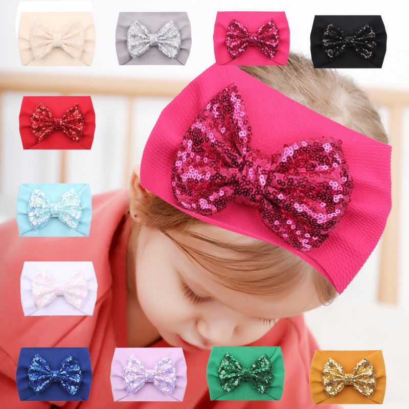 1Pc Baby Girl Elastic Hair Band Baby Sequins Bow Tie Wide Head Band Children's Cute Hair Accessories For Festival And Party