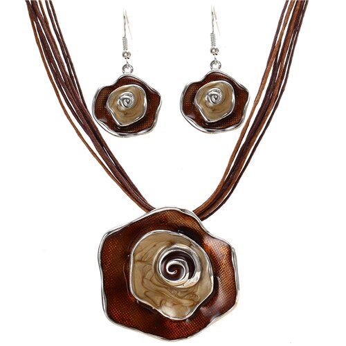 Zoshi Sieraden Sets Enamel Bloem Hanger Multilayer Leather Rope Set Ketting Oorbellen Set Voor Vrouwen: F1043