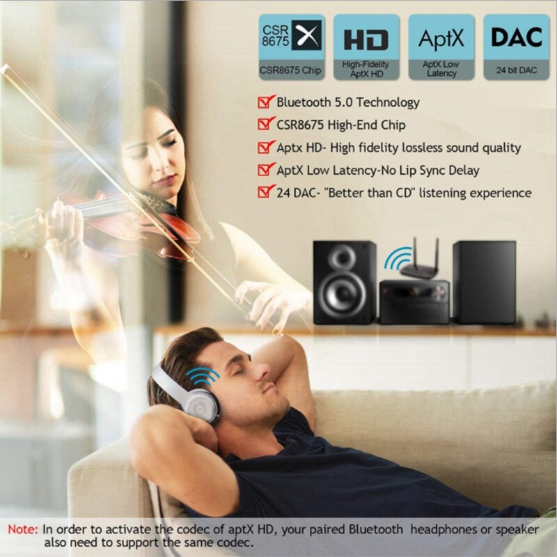 Aptx HD Low Latency Bluetooth 5.0 Audio Transmitter Receiver SPDIF 3.5Mm AUX Jack RCA Wireless Adapter for Car TV PC