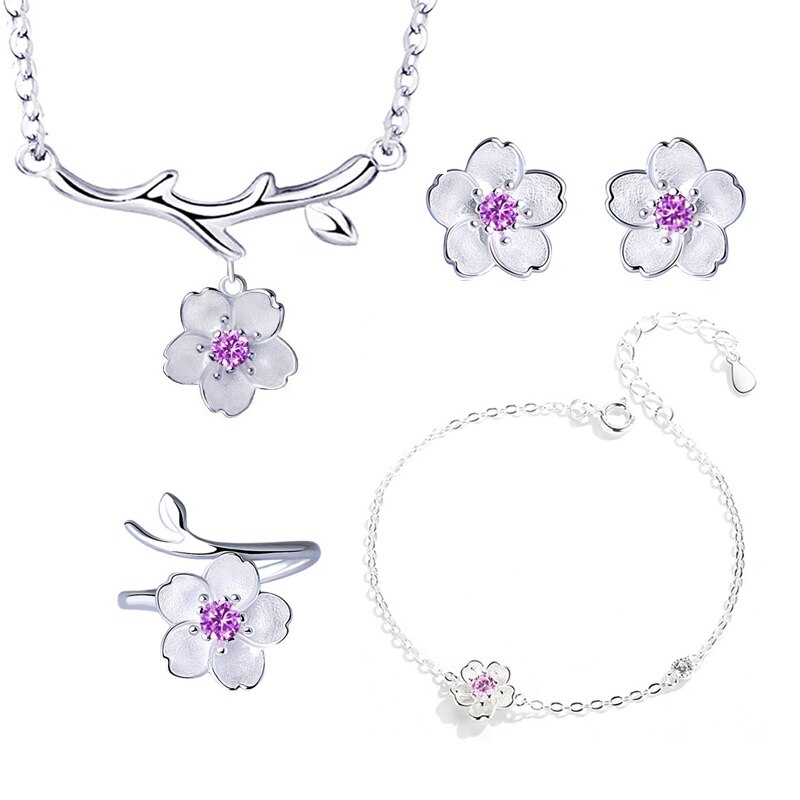 ANENJERY – ensemble de bijoux romantique couleur argent, fleur de cerisier, pendentif, joli ensemble de mariage: Purple 4 pcs per set