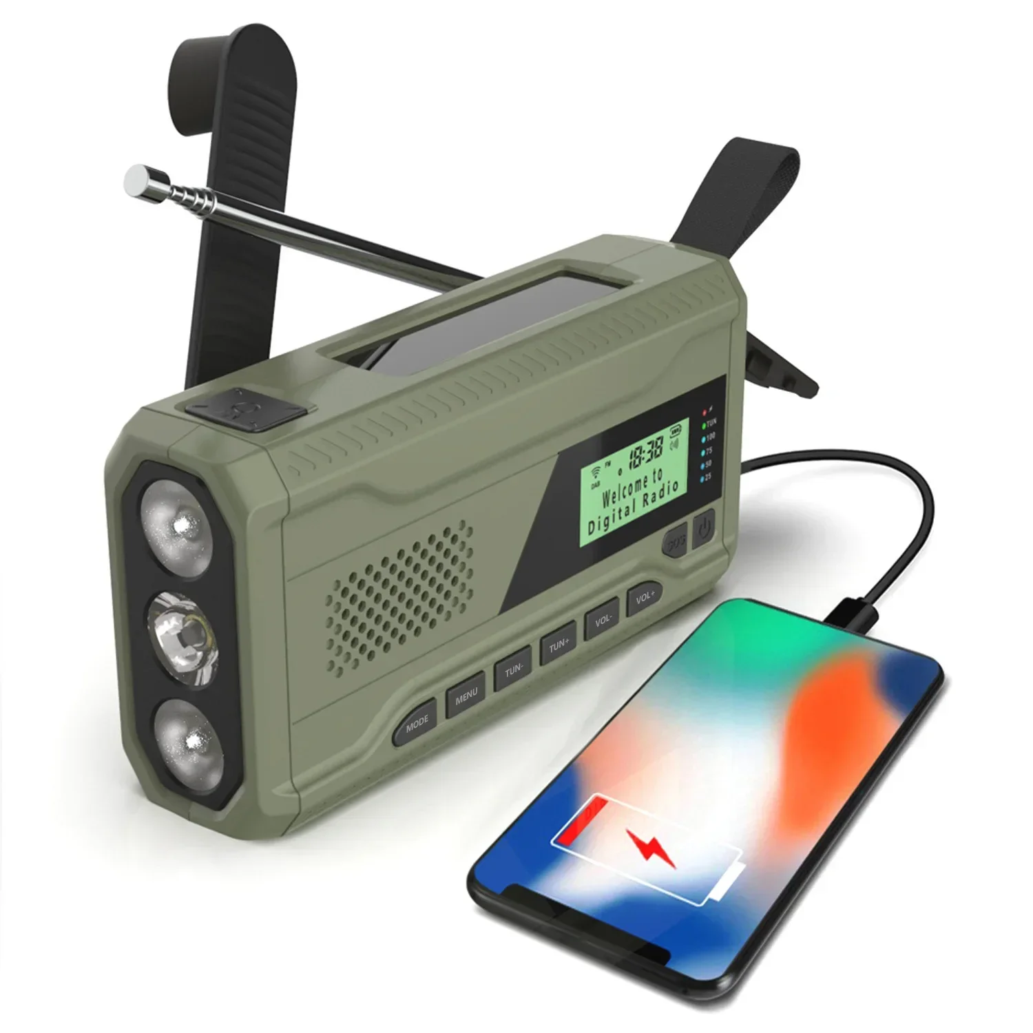 Radio awaryjne DAB/FM Bluetooth Przenośny odbiornik radiowy na energię słoneczną Korba ręczna Dynamo Radio zewnętrzne Głośnik kempingowy z latarką