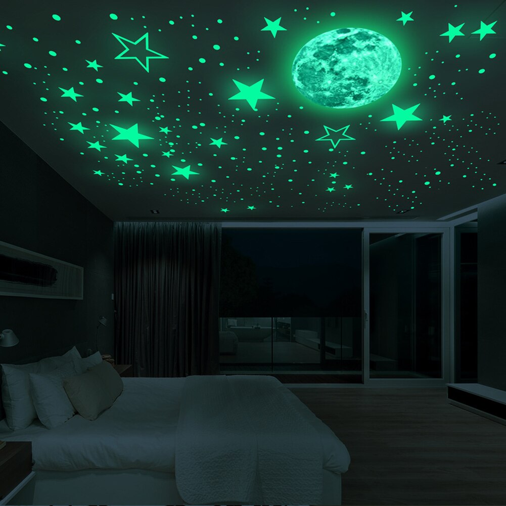 435 pz/set adesivo murale luminoso luna stelle puntini verde camera dei bambini soffitto scale decorazione adesivi murali fluorescenti 30cm