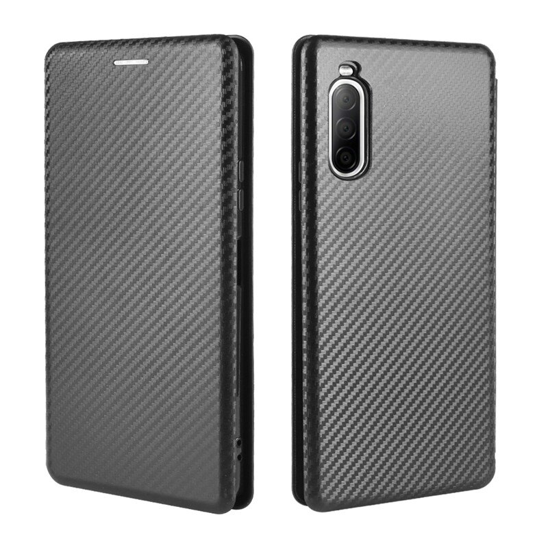 Voor Sony Xperia 10 Ii Case Carbon Fiber Pc Harde Kaarthouder Slim Leather Case Voor Sony Xperia10 Ii wallet Flip Cover: Black