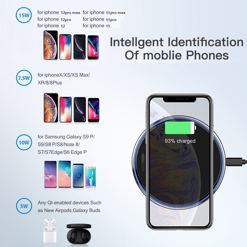 15W 10W Qi Draadloze Oplader Voor Iphone 11 12 Pro Max IPhone12 X Xs Max Xr 8 Plus snelle Draadloze Opladen Pad Voor Airpods Oortelefoon