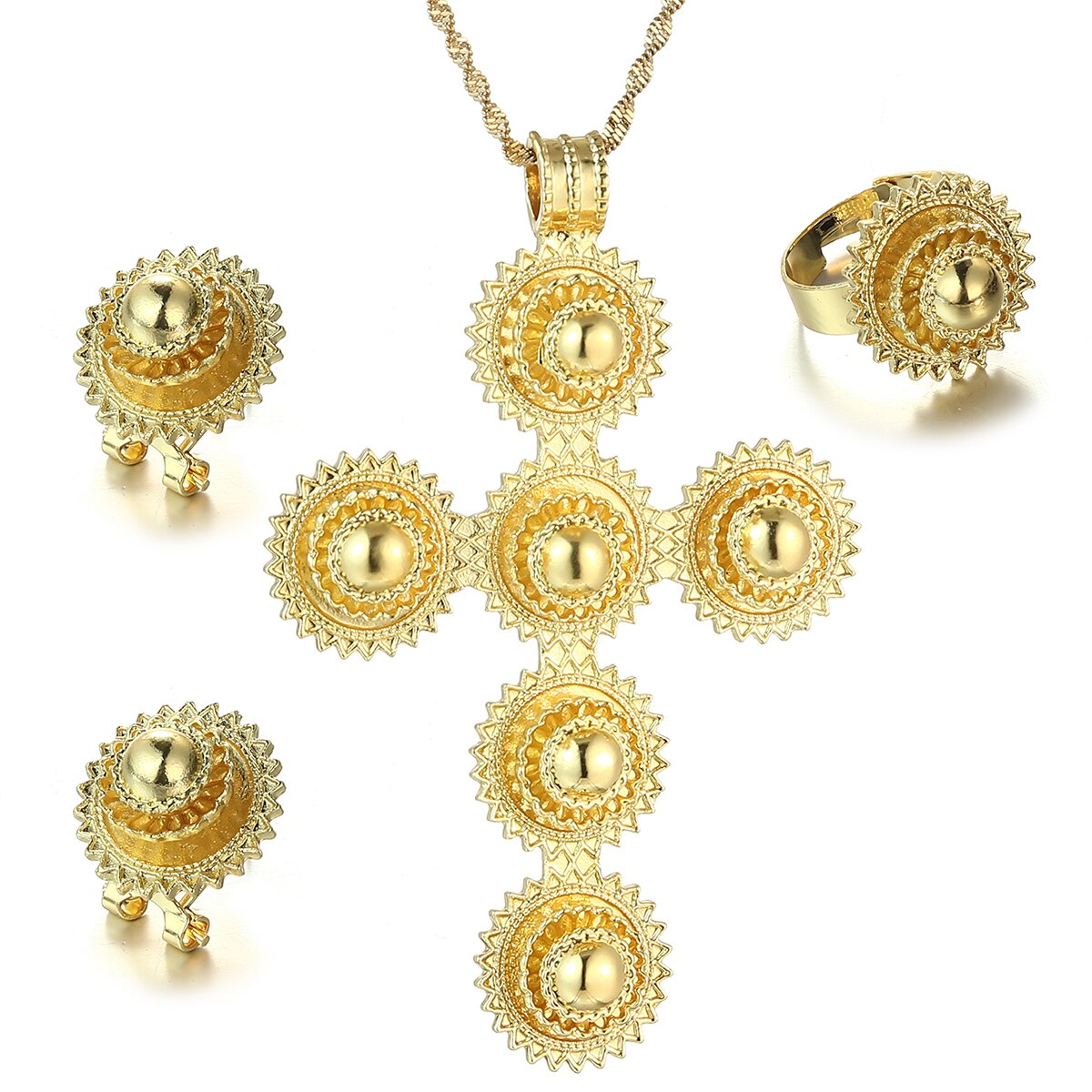 Ethiopische Traditiona Cross Sieraden Set Ketting Oorbellen Ring Ethiopië Gold Eritrea Sets Voor Vrouwen Habesha Wedding Party
