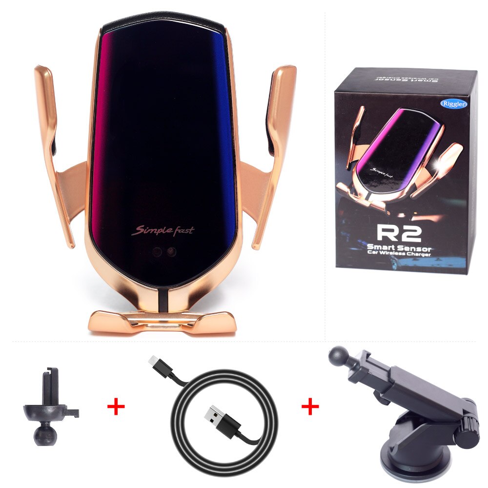 Qi Wireless Car Charger Automatic Clamp 10W Fast Charge Holder forIphone11pro XR XS forHuawei P30Pro Infrared Sensor Phone Mount: Gold for two style