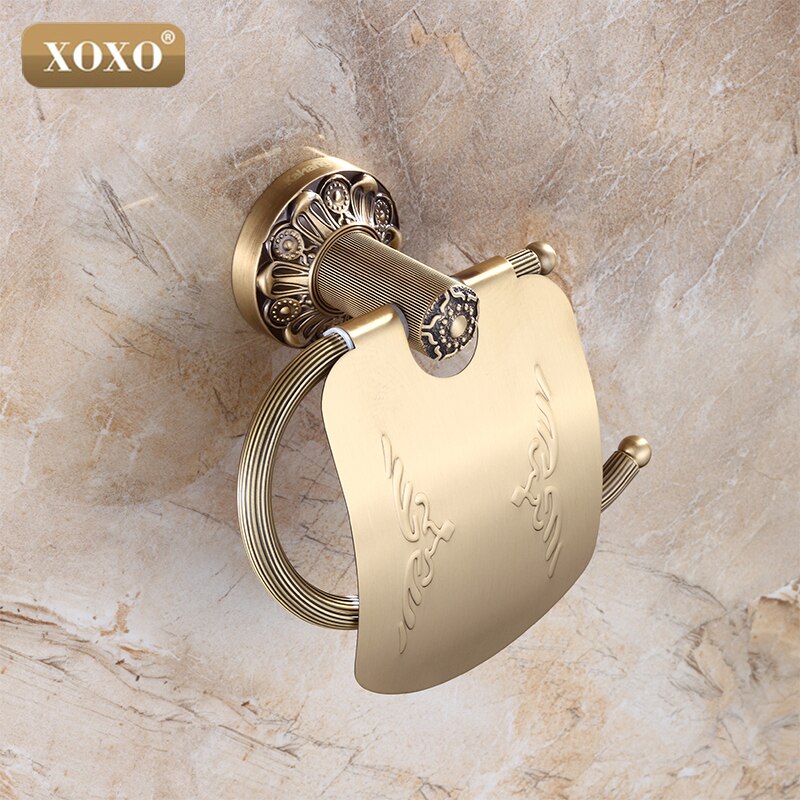 XOXO Bathroom Toilet Paper Holder With Cover Antique Brass Roll Tissue Rack Carved Pattern Base Paper Shelf Wall Mounted15086B