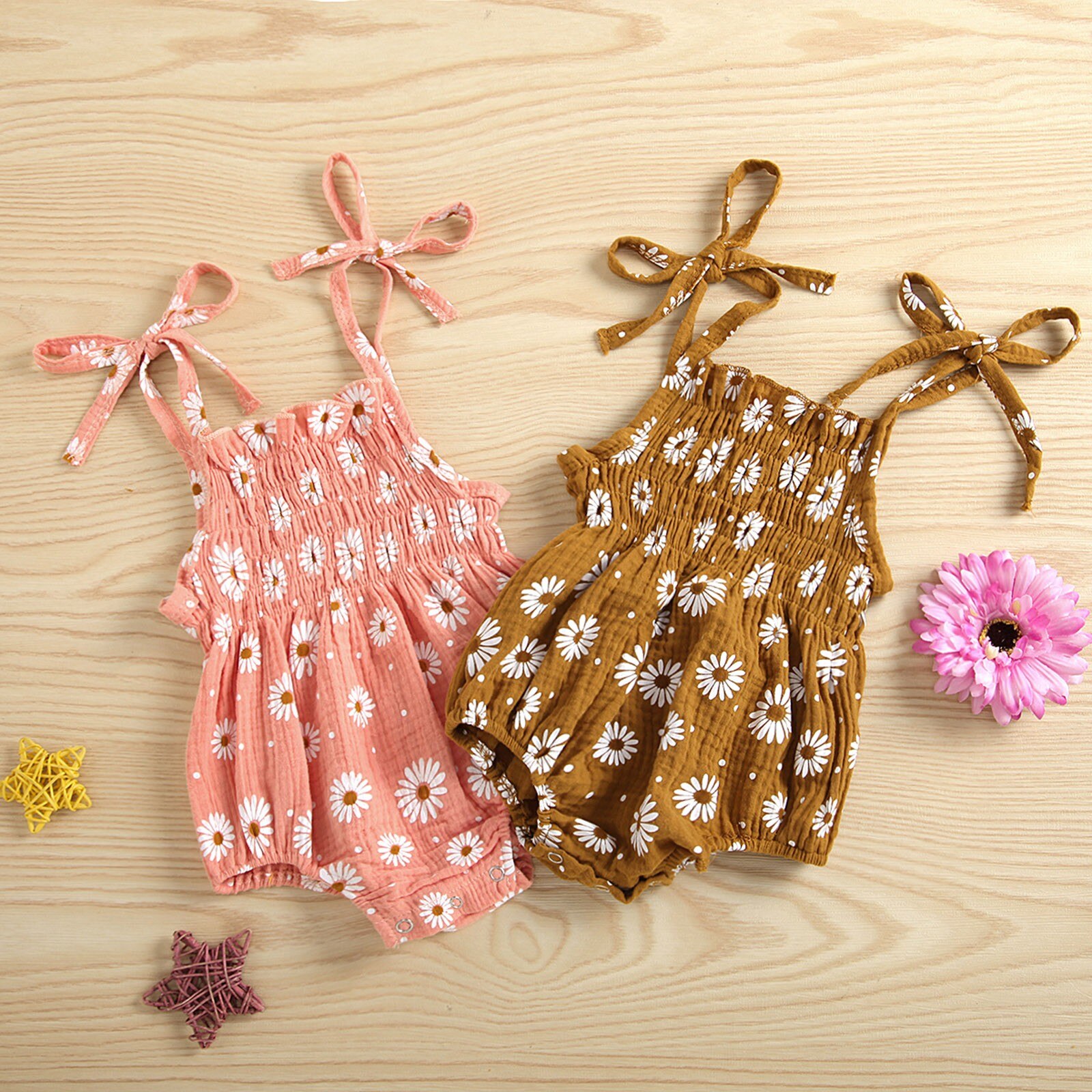 Newborn Baby Girl Daisy Print Romper Sleeveless Strap One Piece Summer Romper Clothing Pleats Jumpsuit Roupa De Girls&Boy