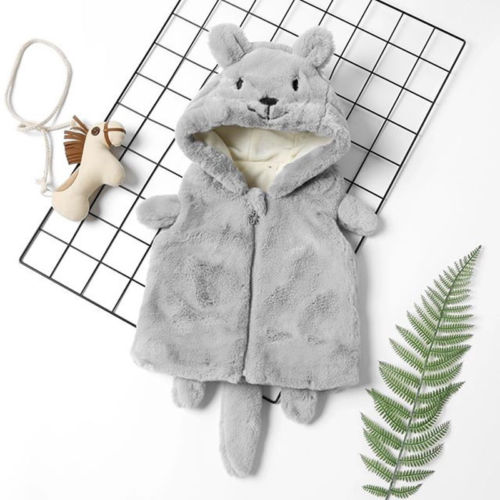 Infant Kids Baby Meisje Jongen Leuke Muis Vest Uitloper Fleece Bont Cartoon Hooded Zipper Grijs Herfst Winter Warme Kleding Jas 1-6Y